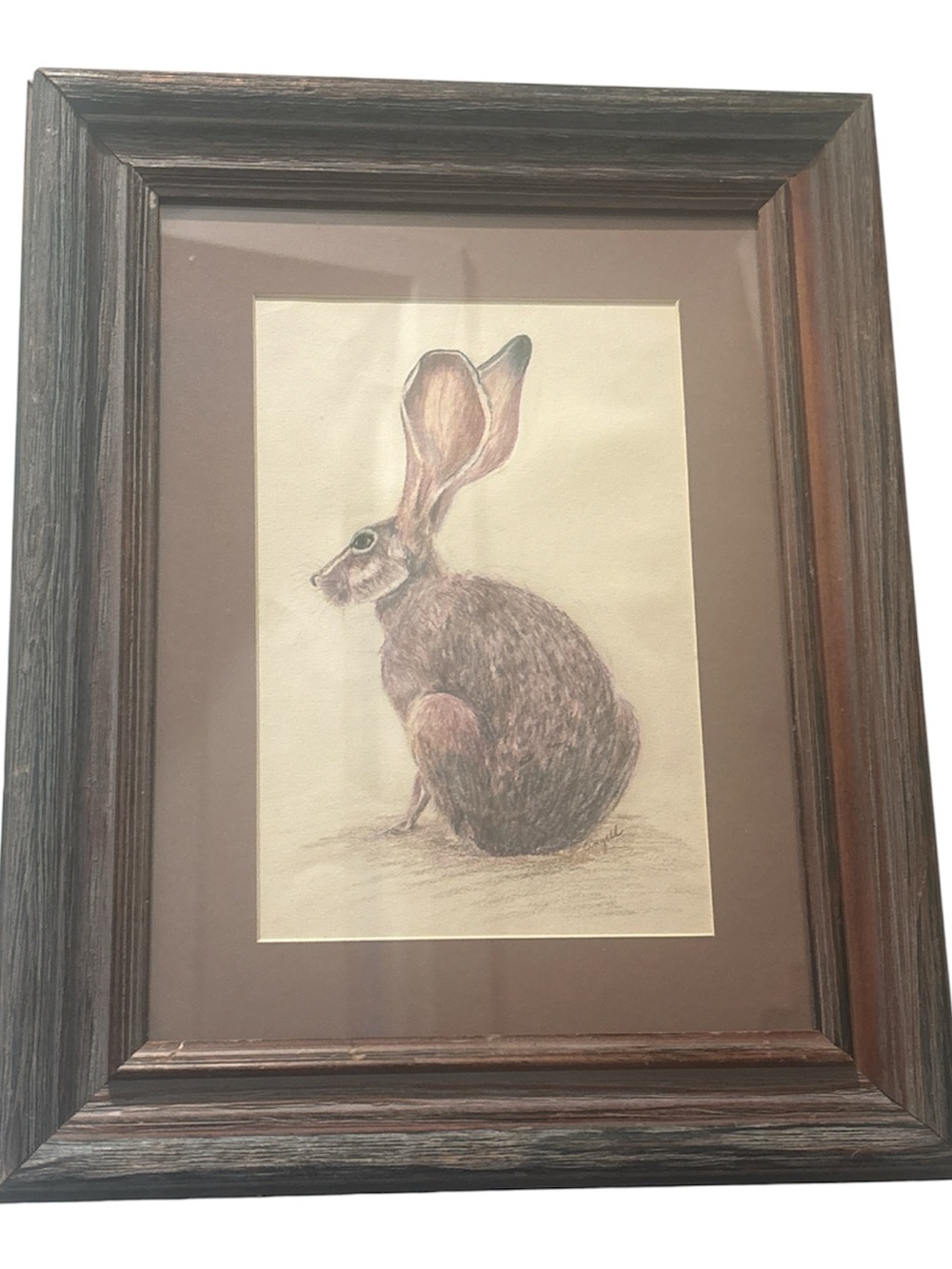 Framed Brown Hare Original Art- Rustic Wood Frame